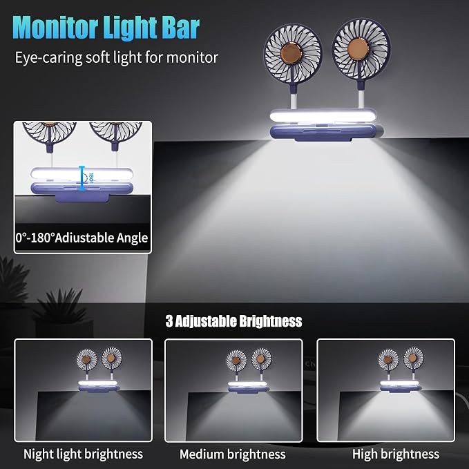 Desktop Fan with LED Lights, Monitor Clip on Fan with 2 Rotatable Heads, 3 Speeds Office Desk Fans Small Quiet Sturdy