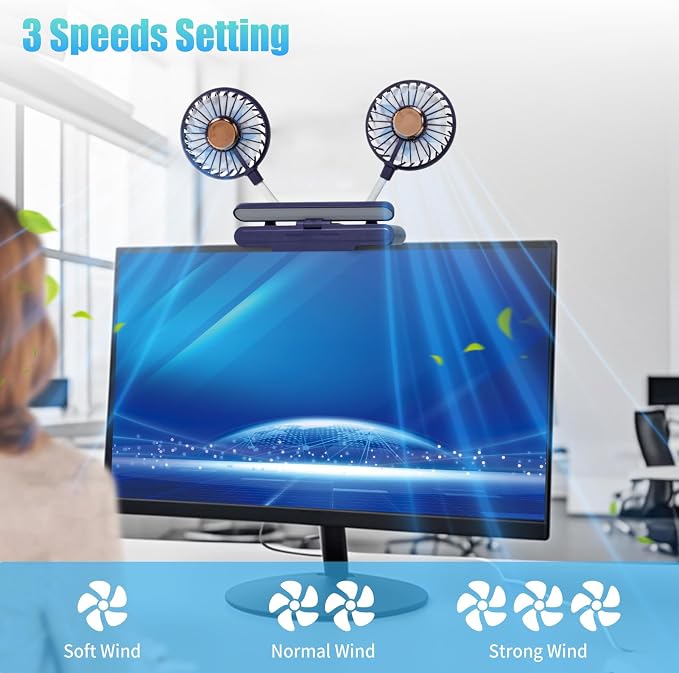 Desktop Fan with LED Lights, Monitor Clip on Fan with 2 Rotatable Heads, 3 Speeds Office Desk Fans Small Quiet Sturdy