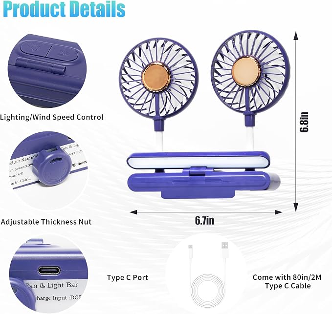 Desktop Fan with LED Lights, Monitor Clip on Fan with 2 Rotatable Heads, 3 Speeds Office Desk Fans Small Quiet Sturdy