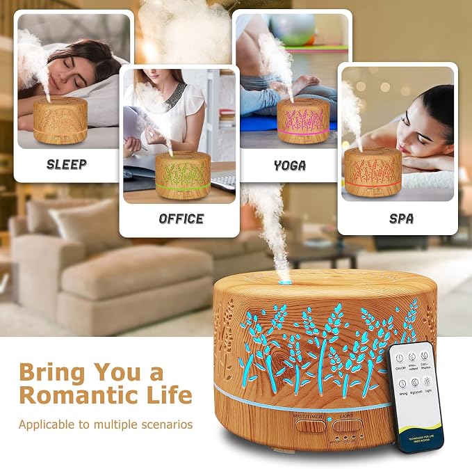 Diffusers for Essential Oils Large Room 600ml,Essential Oil Diffusers for Home with R/C,Cool Mist Humidifier,7 Colors Lights