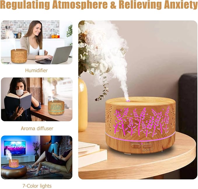 Diffusers for Essential Oils Large Room 600ml,Essential Oil Diffusers for Home with R/C,Cool Mist Humidifier,7 Colors Lights