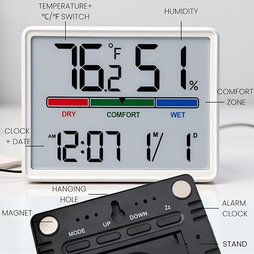 Digital Hygrometer Indoor Thermometer, Clock with Temp & Humidity, Temp Gauge with Comfort Indicator, Wall/Magnetic/Desk