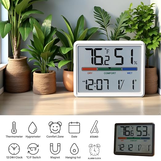 Digital Hygrometer Indoor Thermometer, Clock with Temp & Humidity, Temp Gauge with Comfort Indicator, Wall/Magnetic/Desk
