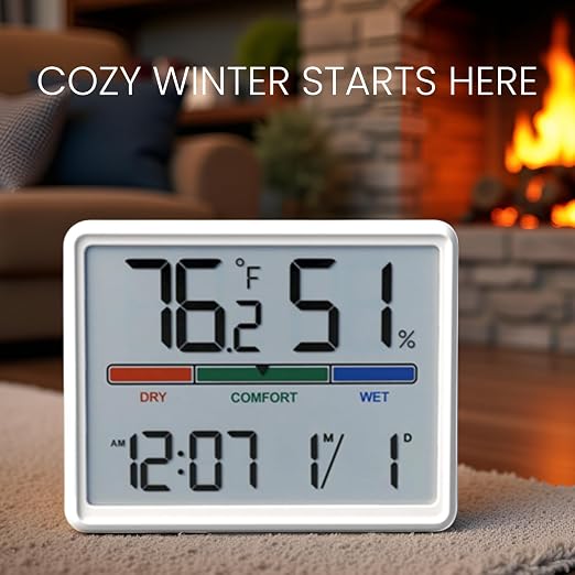 Digital Hygrometer Indoor Thermometer, Clock with Temp & Humidity, Temp Gauge with Comfort Indicator, Wall/Magnetic/Desk