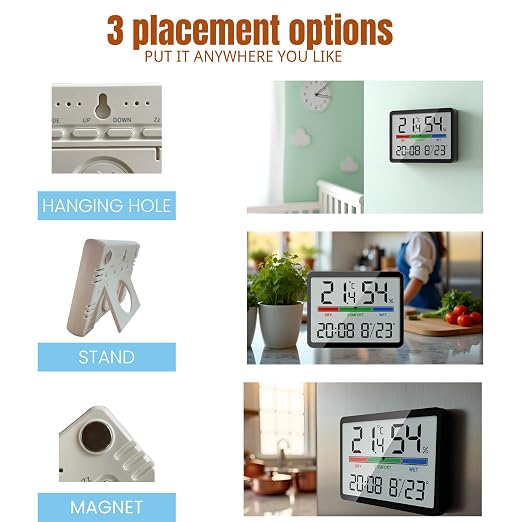 Digital Hygrometer Indoor Thermometer, Clock with Temp & Humidity, Temp Gauge with Comfort Indicator, Wall/Magnetic/Desk