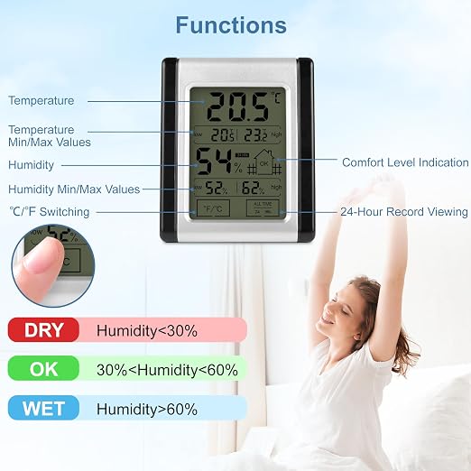Digital Indoor Thermometer and Hygrometer Monitor with Touch Screen, Comfort Indicator & 24-Hr History, High Accuracy Home