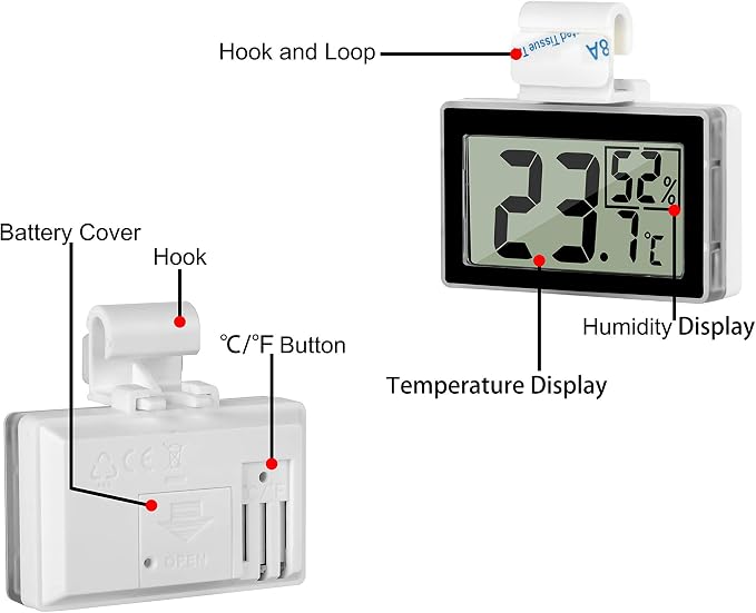 Digital Reptile Thermometer Hygrometer with Hook & Adhesive, LCD Display Temperature Humidity Gauge for Reptile Tanks