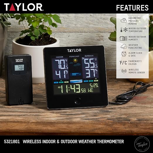 Digital Wireless Deluxe Indoor Outdoor Thermometer, Weather Station Forecaster, Calendar with Clock, Easy-to-Read Display for