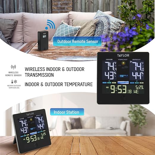 Digital Wireless Deluxe Indoor Outdoor Thermometer, Weather Station Forecaster, Calendar with Clock, Easy-to-Read Display for