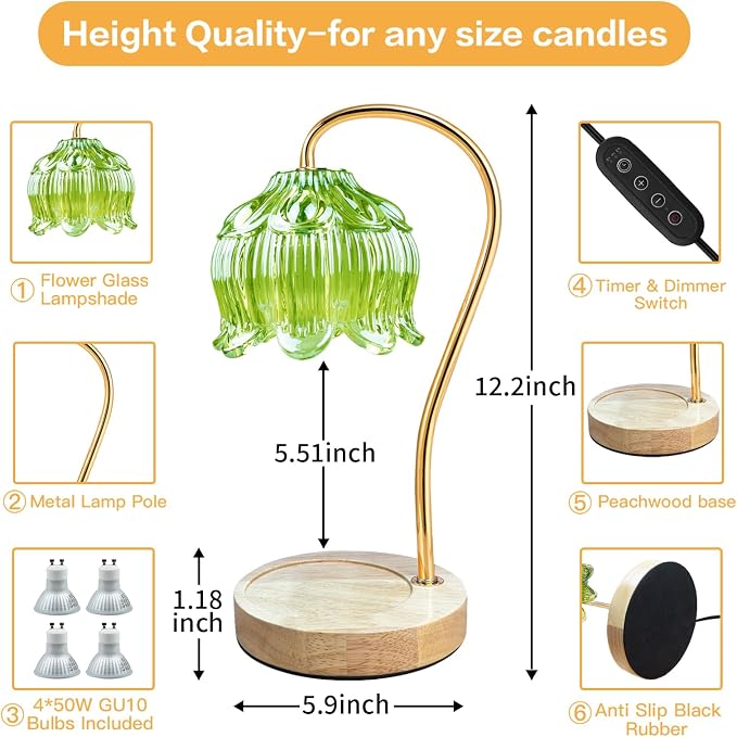 Dimmable Flower Candle Warmer Lamp, Green Candle Warmer with Timer & 4Bulbs, Birthday Chirstmas Gifts for Women Mom, Unique
