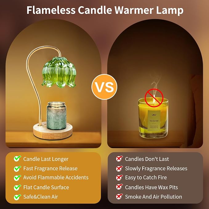 Dimmable Flower Candle Warmer Lamp, Green Candle Warmer with Timer & 4Bulbs, Birthday Chirstmas Gifts for Women Mom, Unique