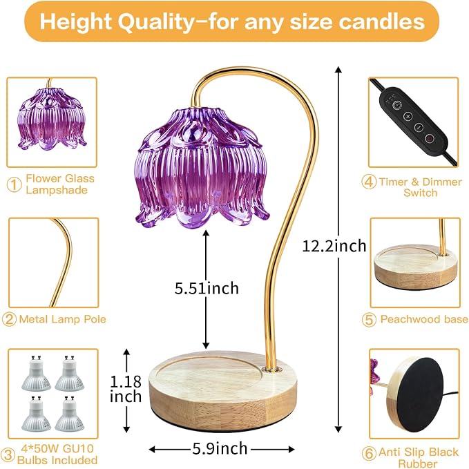 Dimmable Flower Candle Warmer Lamp, Purple Candle Warmer with Timer & 4Bulbs, Womens Gifts for Valentines Birthday, Unique