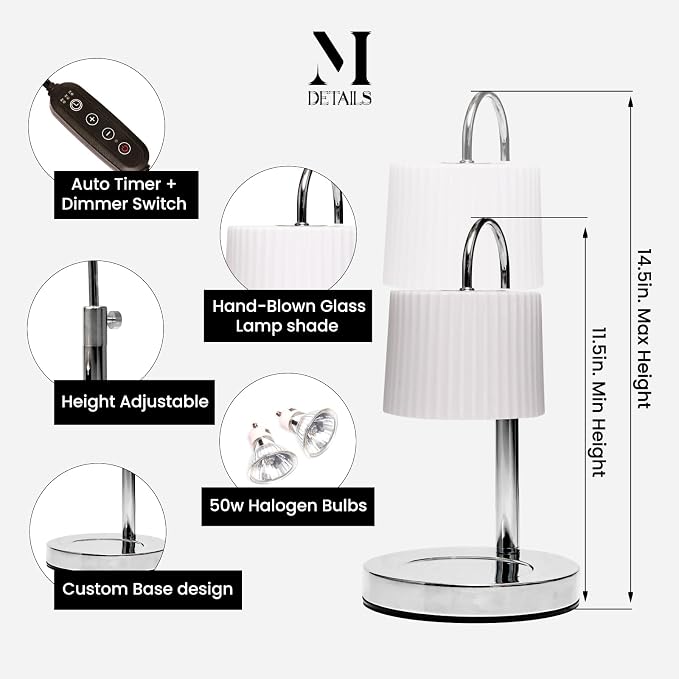 Dimmable Glass Candle Warmer Lamp with Timer - Adjustable Height Candle Lamp Warmer with Timer (8H/4H/2H) - Wax Melter