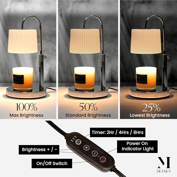Dimmable Glass Candle Warmer Lamp with Timer - Adjustable Height Candle Lamp Warmer with Timer (8H/4H/2H) - Wax Melter
