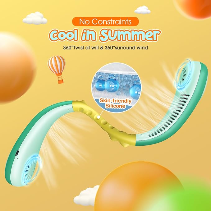 Dinosaur Kids Neck Fan, Safe Bladeless Neck Fans with DIY Sticker, Hands-free Portable Rechargeable Cooling Fan, 2600mAh