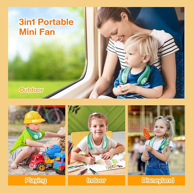 Dinosaur Kids Neck Fan, Safe Bladeless Neck Fans with DIY Sticker, Hands-free Portable Rechargeable Cooling Fan, 2600mAh