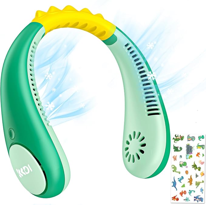 Dinosaur Kids Neck Fan, Safe Bladeless Neck Fans with DIY Sticker, Hands-free Portable Rechargeable Cooling Fan, 2600mAh