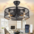 DLLT Caged Ceiling Fan with Light: 20" Farmhouse Fandelier with Lights and Remote & APP - Black Rustic Semi Flush Mount