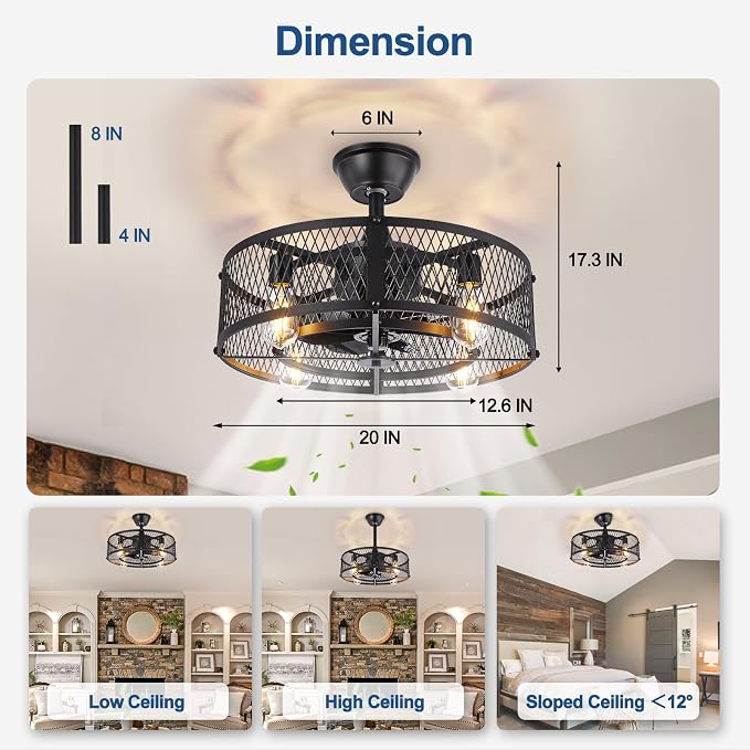 DLLT Caged Ceiling Fan with Light: 20" Farmhouse Fandelier with Lights and Remote & APP - Black Rustic Semi Flush Mount
