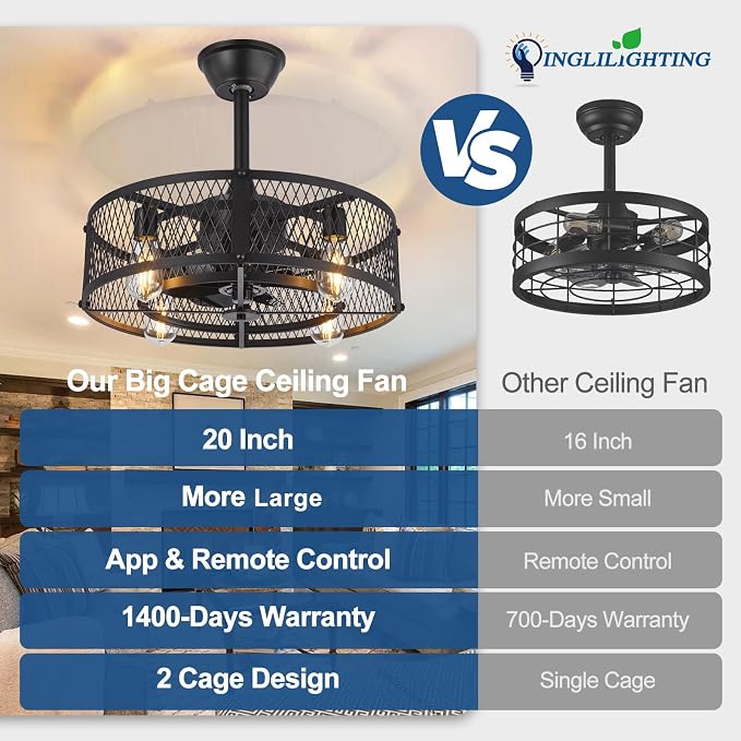 DLLT Caged Ceiling Fan with Light: 20" Farmhouse Fandelier with Lights and Remote & APP - Black Rustic Semi Flush Mount