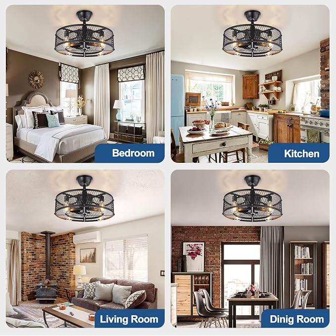 DLLT Caged Ceiling Fan with Light: 20" Farmhouse Fandelier with Lights and Remote & APP - Black Rustic Semi Flush Mount