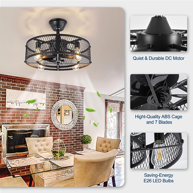 DLLT Caged Ceiling Fan with Light: 20" Farmhouse Fandelier with Lights and Remote & APP - Black Rustic Semi Flush Mount