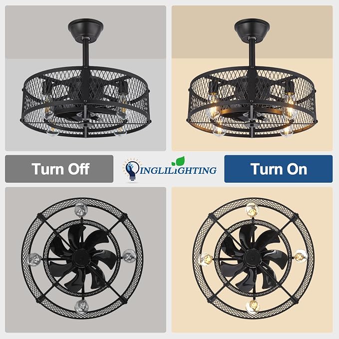 DLLT Caged Ceiling Fan with Light: 20" Farmhouse Fandelier with Lights and Remote & APP - Black Rustic Semi Flush Mount