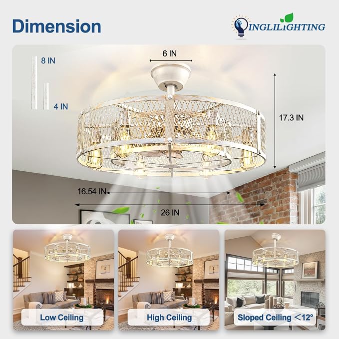 DLLT Caged Ceiling Fan with Lights: 26" Large Bladeless Fandelier with Light and Remote - Cement Industrial Chandelier Fan