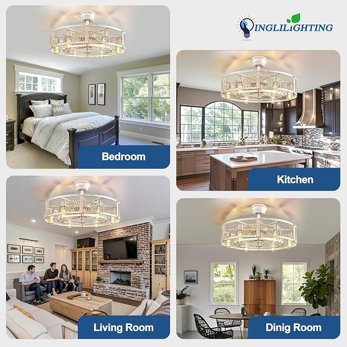 DLLT Caged Ceiling Fan with Lights: 26" Large Bladeless Fandelier with Light and Remote - Cement Industrial Chandelier Fan
