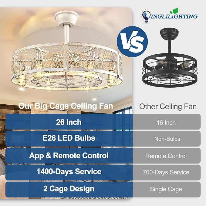 DLLT Caged Ceiling Fan with Lights: 26" Large Bladeless Fandelier with Light and Remote - Cement Industrial Chandelier Fan