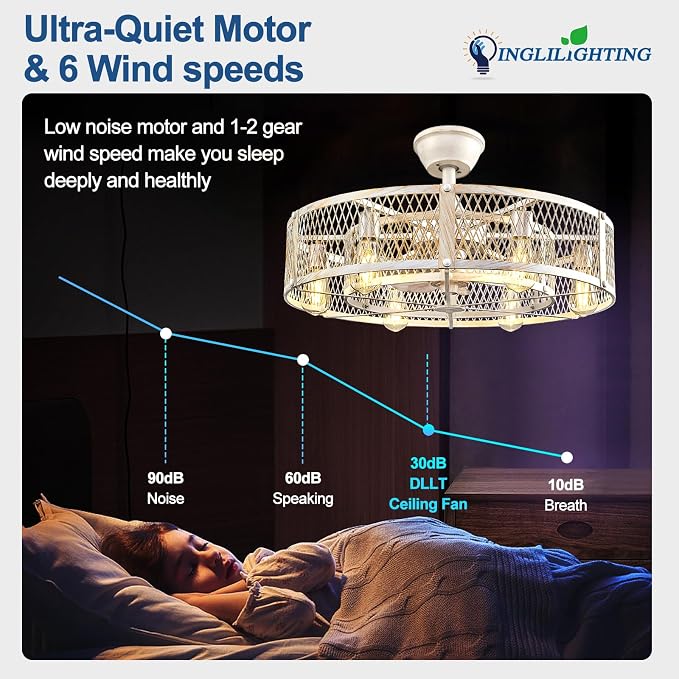 DLLT Caged Ceiling Fan with Lights: 26" Large Bladeless Fandelier with Light and Remote - Cement Industrial Chandelier Fan
