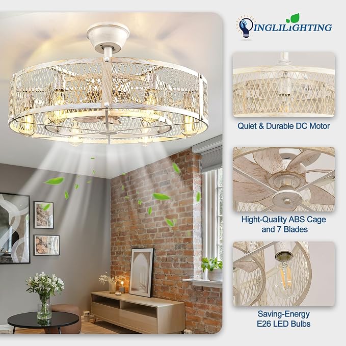 DLLT Caged Ceiling Fan with Lights: 26" Large Bladeless Fandelier with Light and Remote - Cement Industrial Chandelier Fan