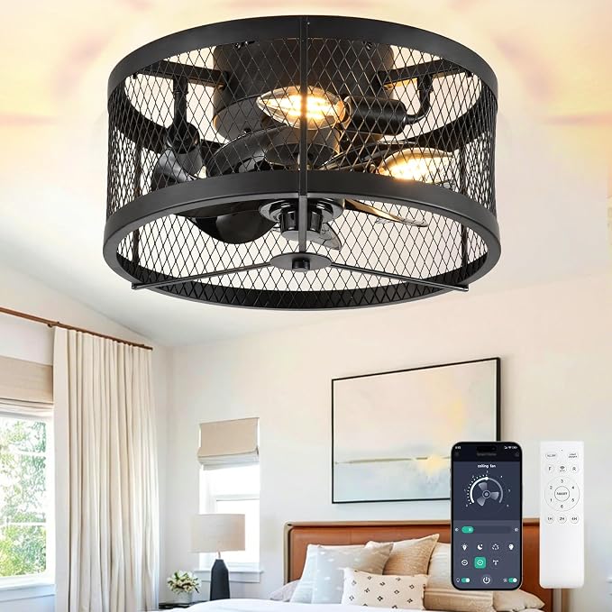 DLLT Caged Ceiling Fans with Light: 13" Small Outdoor Farmhouse Ceiling Fan with Remote App Control - Black Rustic Semi Flush