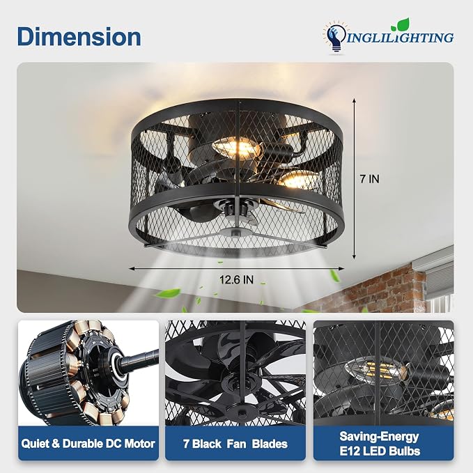 DLLT Caged Ceiling Fans with Light: 13" Small Outdoor Farmhouse Ceiling Fan with Remote App Control - Black Rustic Semi Flush