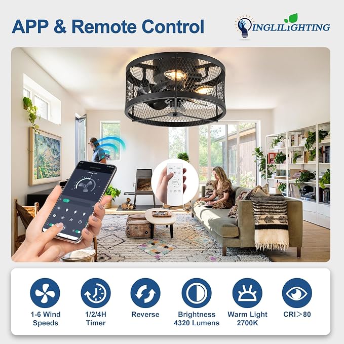DLLT Caged Ceiling Fans with Light: 13" Small Outdoor Farmhouse Ceiling Fan with Remote App Control - Black Rustic Semi Flush