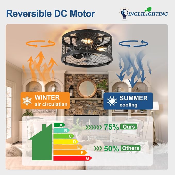 DLLT Caged Ceiling Fans with Light: 13" Small Outdoor Farmhouse Ceiling Fan with Remote App Control - Black Rustic Semi Flush