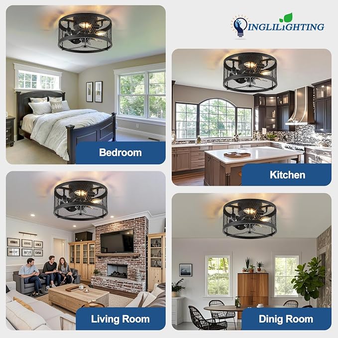 DLLT Caged Ceiling Fans with Light: 13" Small Outdoor Farmhouse Ceiling Fan with Remote App Control - Black Rustic Semi Flush