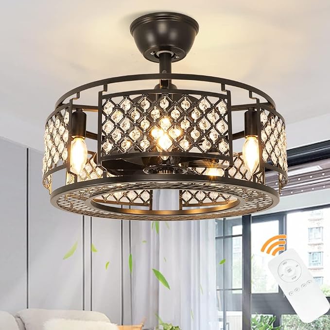 DLLT Caged Ceiling Fans with Lights: 18" Bladeless Industiral Fandelier with Light for Bedroon Living Dining Room - Black