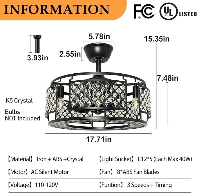 DLLT Caged Ceiling Fans with Lights: 18" Bladeless Industiral Fandelier with Light for Bedroon Living Dining Room - Black