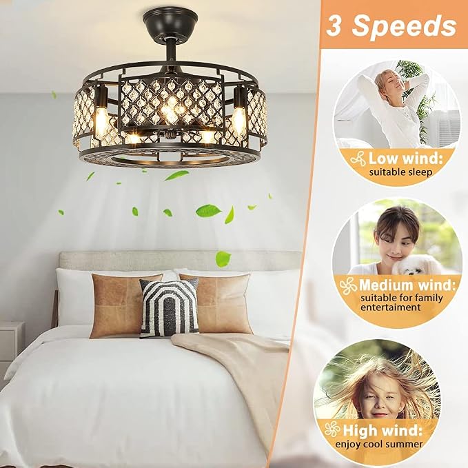 DLLT Caged Ceiling Fans with Lights: 18" Bladeless Industiral Fandelier with Light for Bedroon Living Dining Room - Black
