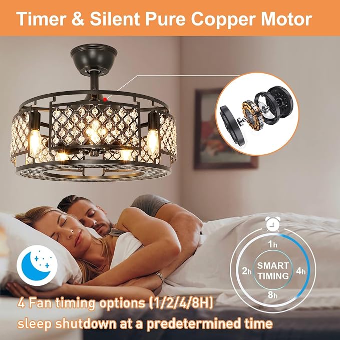 DLLT Caged Ceiling Fans with Lights: 18" Bladeless Industiral Fandelier with Light for Bedroon Living Dining Room - Black