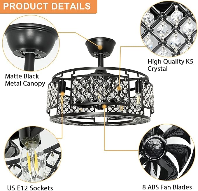 DLLT Caged Ceiling Fans with Lights: 18" Bladeless Industiral Fandelier with Light for Bedroon Living Dining Room - Black