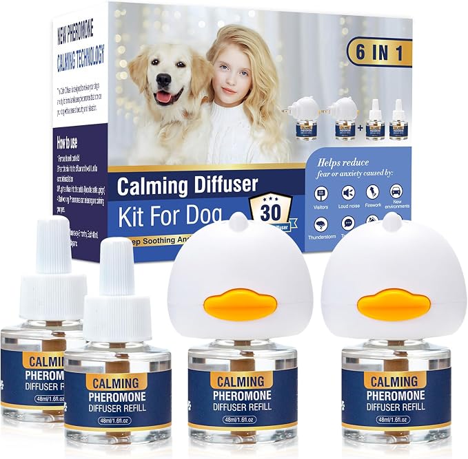 Dog Calming Pheromones Diffuser 6 in 1 Kit Appeasing Pheromone Diffuser to Calm (2 Plug in+4 x48ml Refill) for Reduce