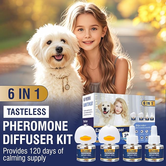 Dog Calming Pheromones Diffuser 6 in 1 Kit Appeasing Pheromone Diffuser to Calm (2 Plug in+4 x48ml Refill) for Reduce