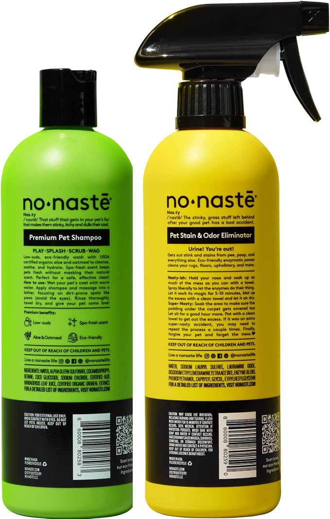 Dog Shampoo and Pet Stain & Odor Eliminator Spray (16 Oz, Pack of 2) – USDA Certified Organic Aloe & Oatmeal Dog Shampoo