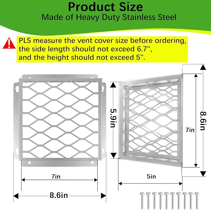 Dryer Exhaust Guard Vent Cover,Dryer Vent Bird Guard for Most 3" to 4" Fan Cover, 7"Lx7"Wx5"H Stainless Steel Ventilation