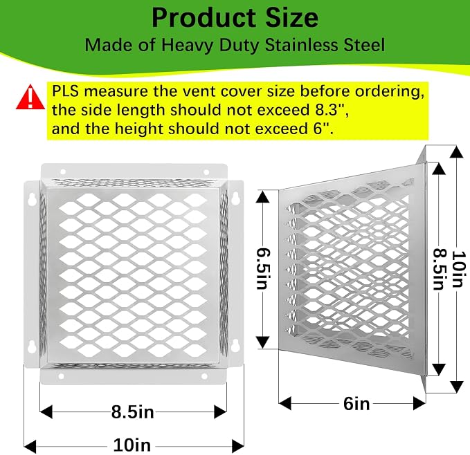 Dryer Exhaust Guard Vent Cover,Dryer Vent Bird Guard for Most 5" to 6" Exhaust Fan Cover, 8.5"Lx8.5"Wx6"H Stainless Steel