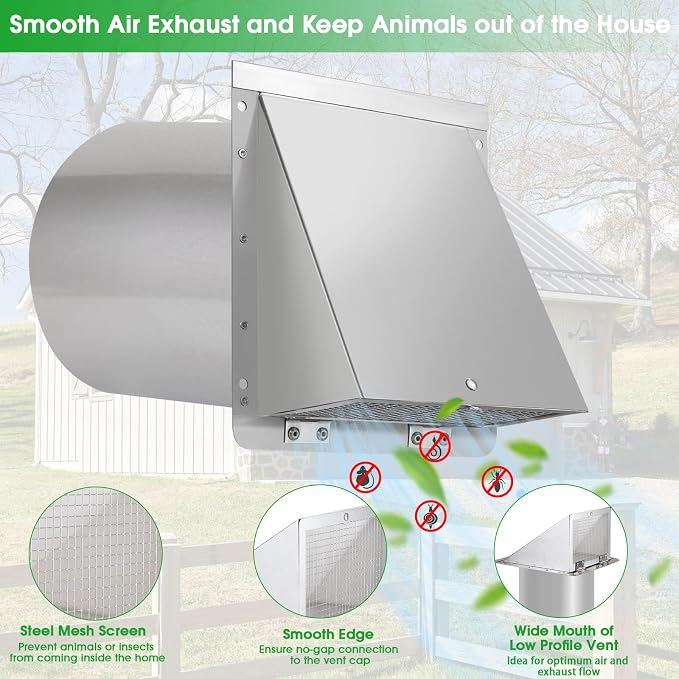 Dryer Vent Cover Outdoor 4 Inch,Dryer Vent Cover Outside,Exterior Hooded Wall Vent w/Screen & Damper,Wall Mount Extractor