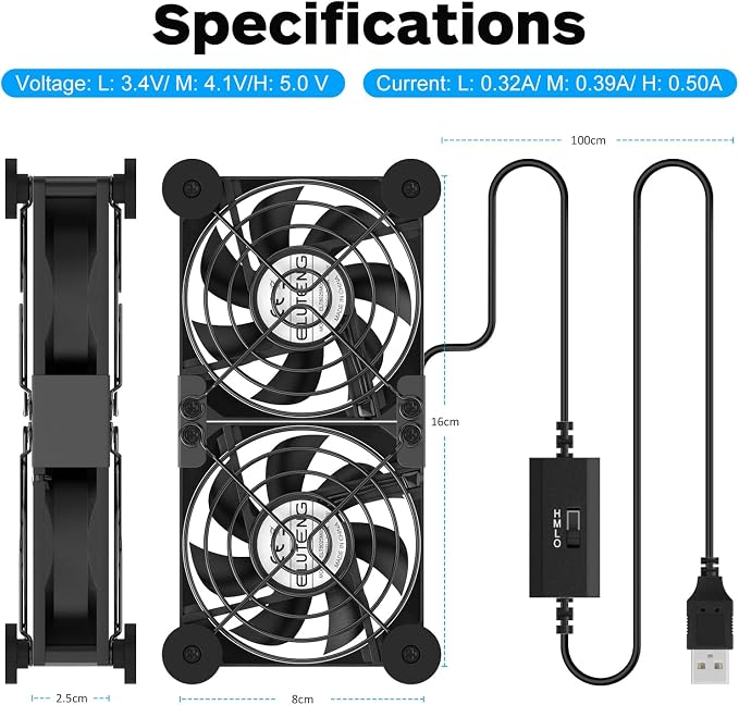 Dual Cooling Fan Whisper Quiet 80mm USB Fan 3 Adjustable High Speed USB Port Heatsink Fans Compatible for PS4, PS5, Router