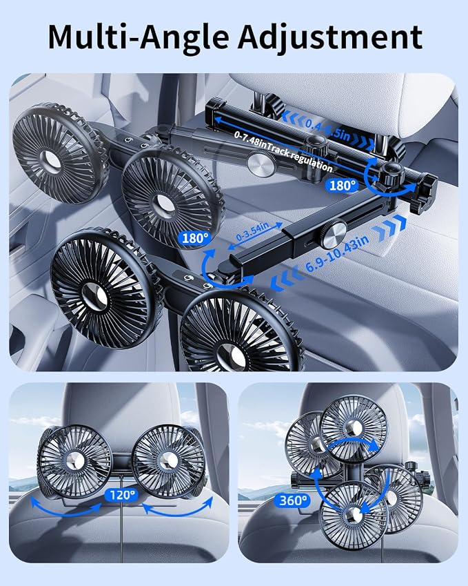 Dual Head Car Fan for Back Seat, USB Powered Car Backseat Fans for Kids Baby Dog,360° Rotatable 3 Speeds Rear, alternate view